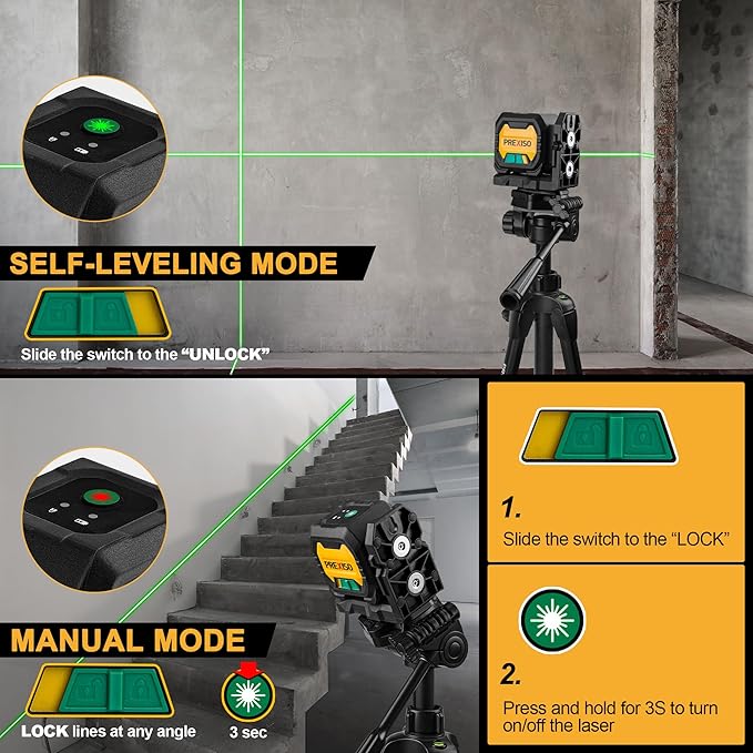 PREXISO Laser Level with 47 Inch Tripod, IP54 Rechargeable 65Ft Green Cross Line Laser Self Leveling, Light Indicator, 3 Brightness Mode, Lazer Leveler Tool for Picture Hanging, Tile, Home Renovation