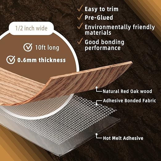 GSCIT Club Red Oak Edge Banding, 1/2 inch x 10ft roll of Veneer Edge Banding -Pre-glued Flexible, Real Wood Tape Banding for Cabinet Repair Furniture Restoration