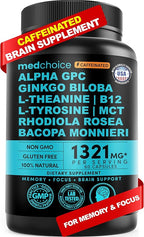 12-in-1 Nootropic Brain Supplement with Caffeine Anhydrous: Ginkgo Biloba for Brain Support, Memory and Focus - B12, Alpha GPC, L Theanine and Choline Supplements with Bioperine with 1321mg (60ct)
