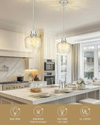 Emak Brushed Nickel Pendant Light Fixtures, 8 Inch Hammered Glass Pendant Lights Kitchen Island, Modern Hanging Light Fixture for Kitchen,Dining Room, Bathroom, PL122-BN-HG