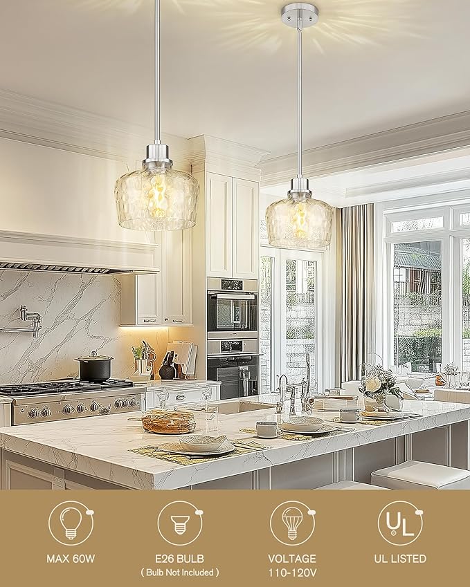 Emak Brushed Nickel Pendant Light Fixtures, 8 Inch Hammered Glass Pendant Lights Kitchen Island, Modern Hanging Light Fixture for Kitchen,Dining Room, Bathroom, PL122-BN-HG