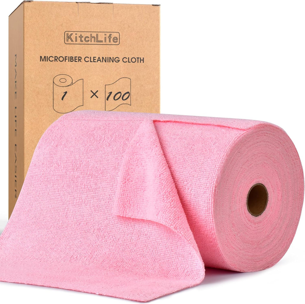 KitchLife Microfiber Cleaning Cloth Roll, 100 Pack - Tear-Away Microfiber Paper Towels, Lint-Free, Reusable, Washable for Kitchen, Car, Dishes, and Sensitive Surfaces (Pink)