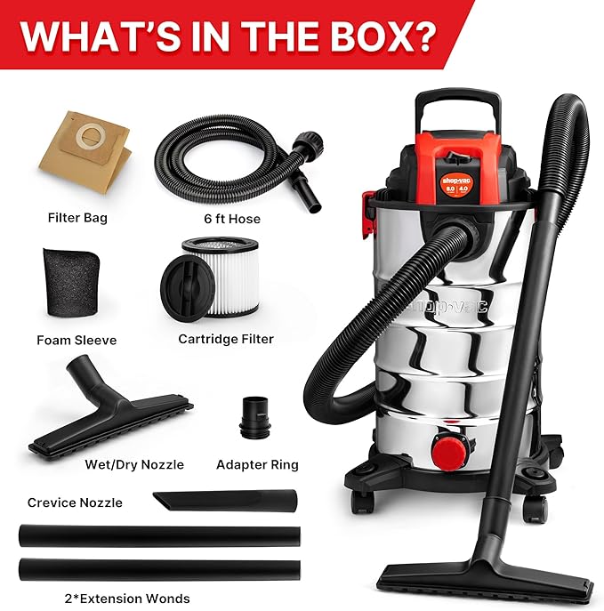 Shop-Vac 8 Gallon 4.0 HP Wet/Dry Vacuum with Blower Function, Stainless Steel Tank, Portable Shop Vacuum with Wheels, Includes Filters, Hose & Accessories, Ideal for Garage and Workshop