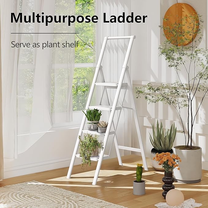 Step Ladder 4 Step Folding Stool with Anti-Slip Widened Sturdy Pedal and Handgrip, Portable and Multi-Use Iron Stepladder for Home, Kitchen, 300 lbs Capacity -White