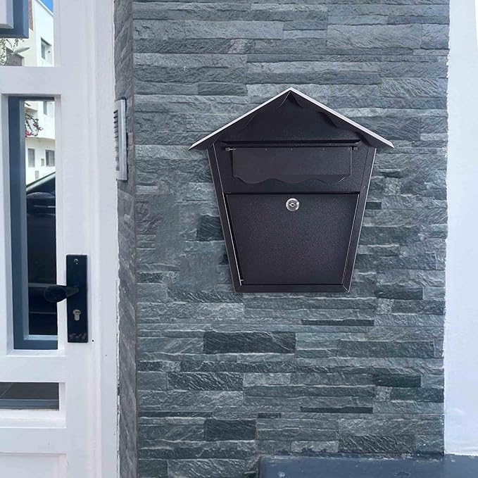 Wall Mount Locking Mailbox - Black Horizontal Triangular Security Mailbox - Waterproof Vertical Drop Mail Box Outdoor with Key