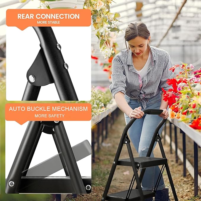 Step Stool for Adults,2 Step Ladder Folding 330lbs Anti Slip Step Stool,Foldable Ergonomic 2 Steel Stool with Wide Pedal for Home, Kitchen, Office (Matte Black)