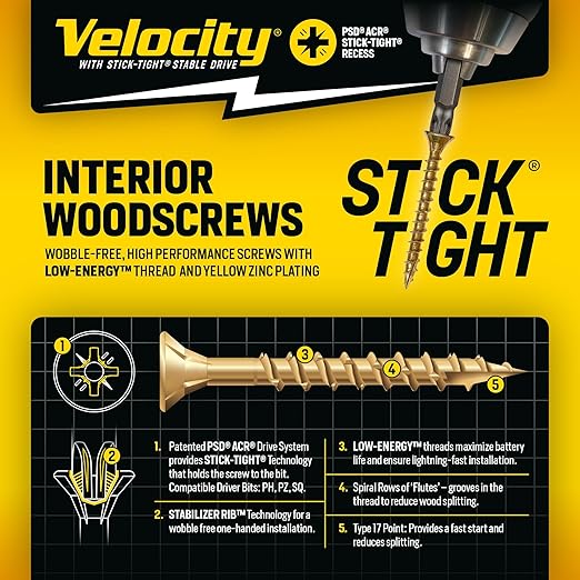 Velocity Interior 1 Inch Wood Screws Contractor Pack (Size #8, 840 Pcs) – Self Tapping Screws with Phillips Bits, Stick Tight Technology, Carbon Steel with Zinc Plating, Durable Storage Organizer