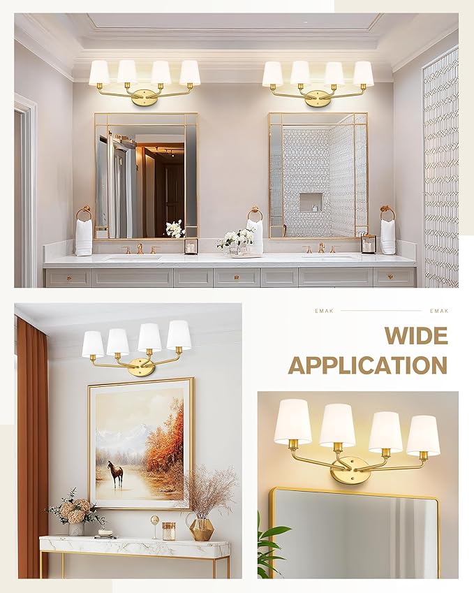 Emak 29 Inch Bathroom Lighting Fixtures Over Mirror, 4-Light Bathroom Vanity Light Wall Sconce with Flared White Fabric Shade, Brushed Gold Vanity Lights for Bathroom, Mirror, VL132-BGD-WF-4