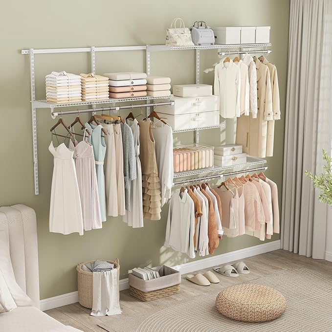 Giantex Closet Organizer System, 4-8 FT Wall-Mounted Closet Shelves and Rod, Adjustable Closet Organization w/ Hanging Rod, DIY Expandable Modular Metal Wire Shelving for Laundry Bedroom (White)