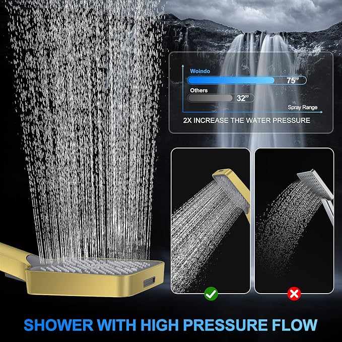 Shower Faucet Set, 10" Wall Mount Rainfall Shower System with 2 Rain Shower Head and Multi-function Handheld Head Push Button Diverter Shower Faucet Trim Kit Brushed Gold