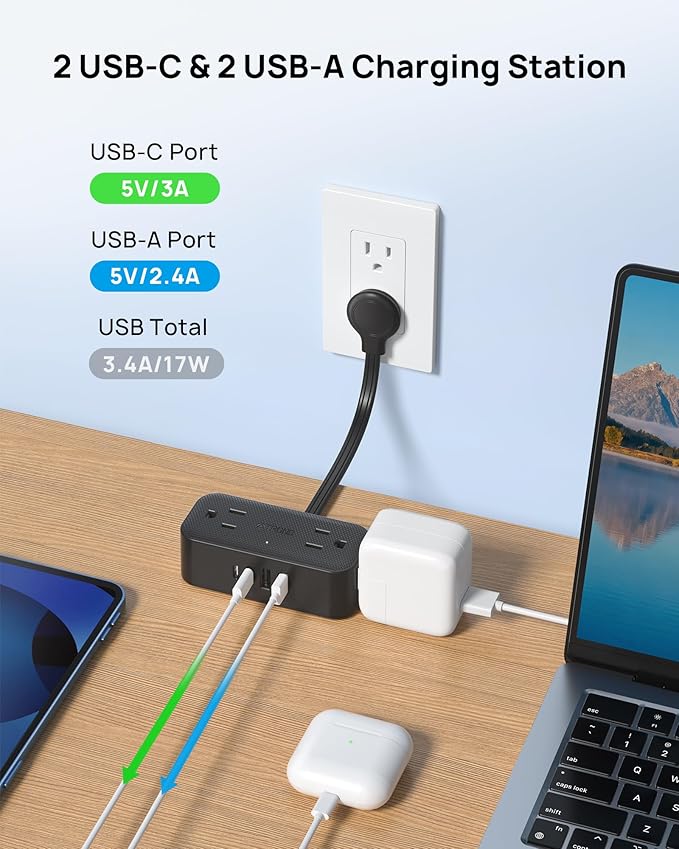 TROND Outlet Extender with 6 Inch Cord, Multi Plug Wall Outlet with 4 Electrical Sockets and 4 USB Ports, Wall Mountable, Flat Plug Adapter for Home Office Travel, Cruise Ship Essentials, Black