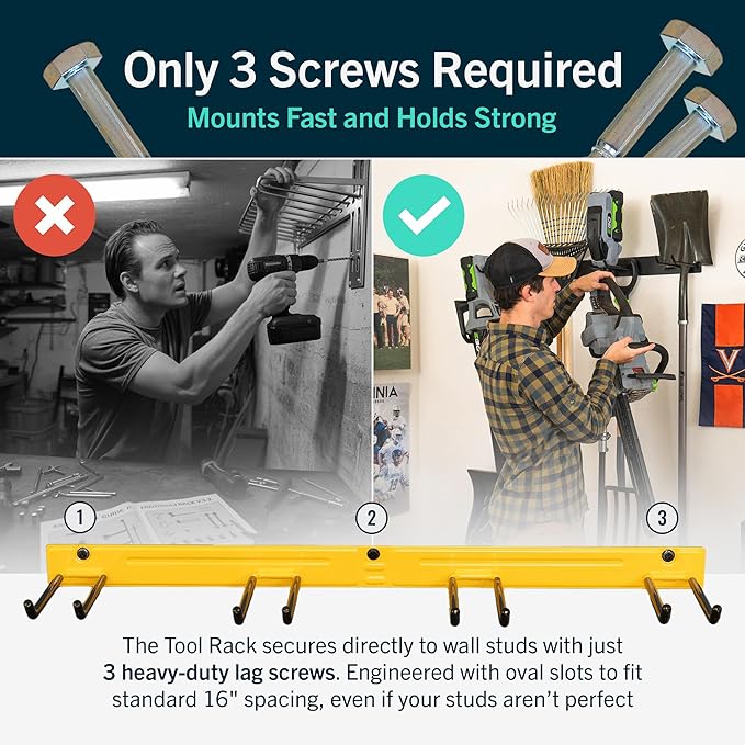 StoreYourBoard Wall-Mounted Rack With 4 Garage Hooks – Heavy-Duty Steel Holder Garage & Garden Storage for Shed, Workshop, or Home Organization – For Rakes, Shovels, Tools & More – 1 Pack, Tractor