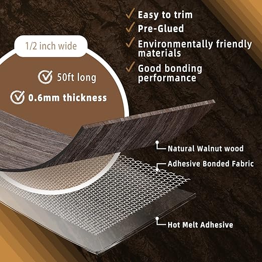 GSCIT Club Walnut Edge Banding, 1/2 inch x 50ft roll of Veneer Edge Banding - Pre-glued Flexible, Real Wood Tape for Cabinet Repair and Furniture Restoration