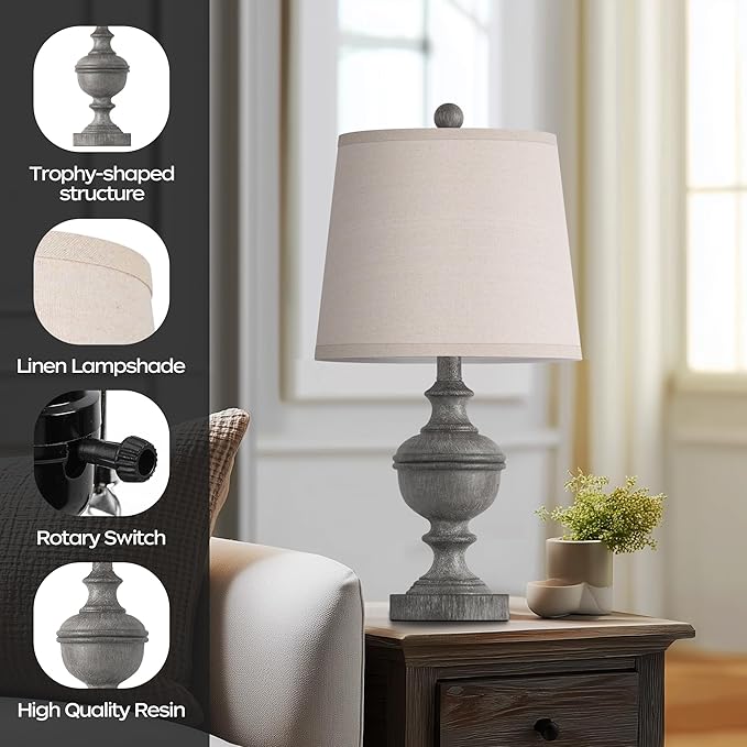 PARTPHONER Retro Table Lamps Set of 2, Bedside Lamp for Bedroom Rustic Farmhouse Table Lamps for Living Room, Vintage Nightstand Lamps with White Shades, Grey