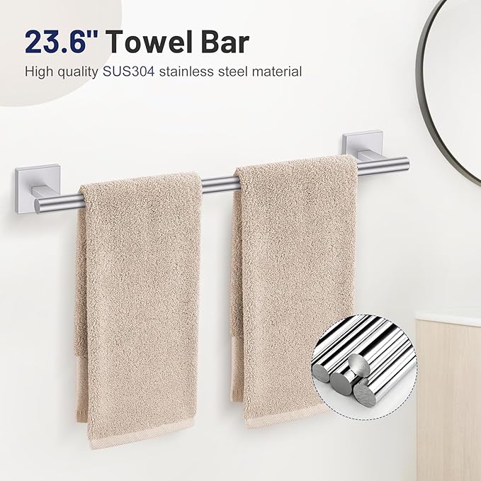 5-Piece Brushed Nickel Bathroom Hardware Set, SUS304 Stainless Steel Bathroom Accessories Set 23.6 inches Towel Bar, Toilet Paper Holder with Shelf, Towel Ring and Two Towel Hooks Wall-Mounted
