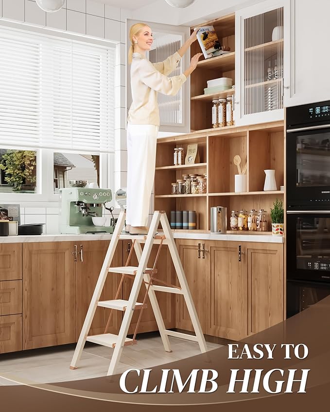 GameGem 4 Step Ladder, Folding Step Stool with Wider Pedal, Anti-Slip Feet & Non Slip Stripes, Aluminum Sturdy Material, 300Lbs Capacity, Elegant Look of Cream Chocolate Better Matches Your Home