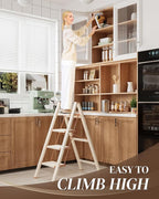 GameGem 4 Step Ladder, Folding Step Stool with Wider Pedal, Anti-Slip Feet & Non Slip Stripes, Aluminum Sturdy Material, 300Lbs Capacity, Elegant Look of Cream Chocolate Better Matches Your Home