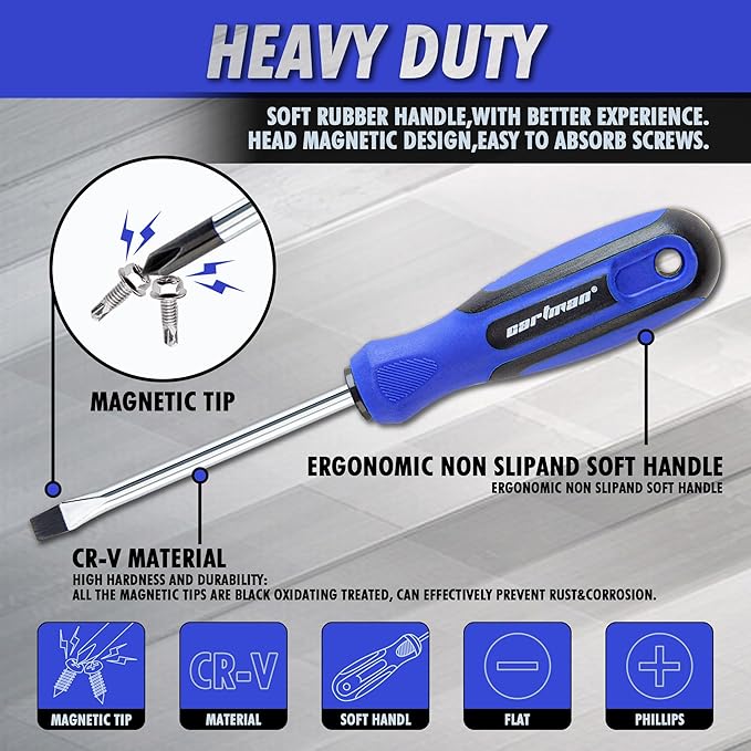 CARTMAN 12 Piece Magnetic Screwdriver Set 6 Phillips and 6 Flat Professional Cushion Grip Hand Tools Set