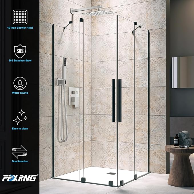 Shower Faucet Set Bathroom Square Rain Shower Head and Handle Set, Wall Mounted Shower Fixtures, Full Metal Trim Repair Kit 10 inch Brushed Nickel (With Shower Valve)