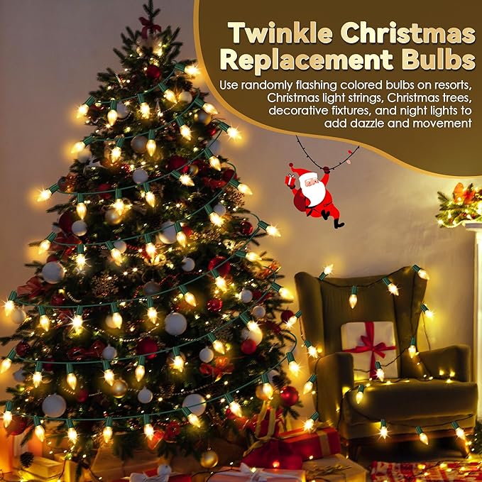 25 Pack Twinkle Christmas Replacement Bulbs, 7W Random Blinking Light Bulbs for Christmas String Light, Nightlights(Clear Twinkle,C7,E12 Intermediate Base)