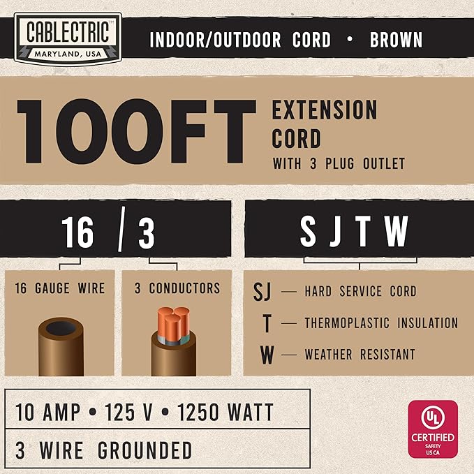 100 Ft Brown Extension Cord with 3 Electrical Power Outlet - 16/3 SJTW Heavy Duty Cable with 3 Prong Plug for Safety, 10 AMP for Heavy Appliances, Garden, Lawn, Lightning Decoration