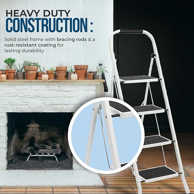 SIMPLI-MAGIC 4-Step Ladder, 350 LBS Capacity Folding Step Stool – Anti-Slip Wide Steps, Rubber Feet, Handgrip – ANSI Certified Lightweight & Durable Steel Stepping Stool for Kitchen, Home & Garage