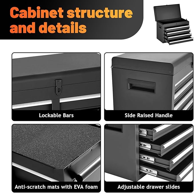 Tool Chest, 5-Drawer Rolling Tool Storage Cabinet with Detachable Top Tool Box, Liner, Universal Lockable Wheels, Adjustable Shelf, Locking Mechanism, Metal Tool Cart for Garage Workshop