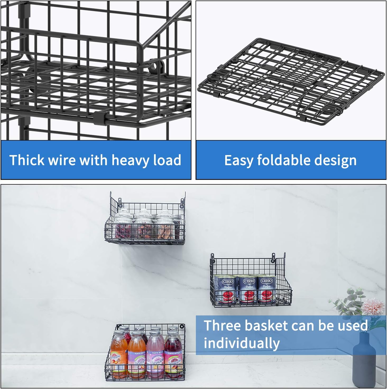 X-cosrack 3-Tier Stackable Detachable Snack Organizer (Large Size), Countertop Display/Wall Mounted Shelf with 5 Hooks Wire Basket Snack Shelf for Office Cabinets, Kitchen, Pantry, 11.8x7.8x22 Inch