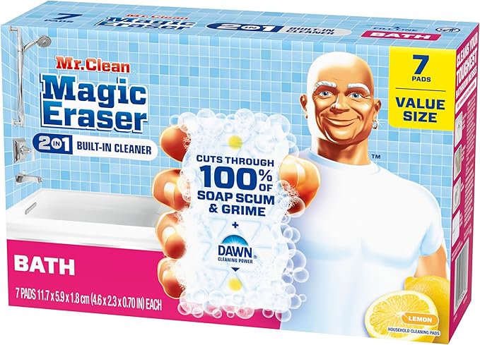 Mr. Clean Magic Eraser Sponge, Bathroom Cleaner, Soap Scum Shower & Tub Cleaner, 2 in 1 Bath, 7ct