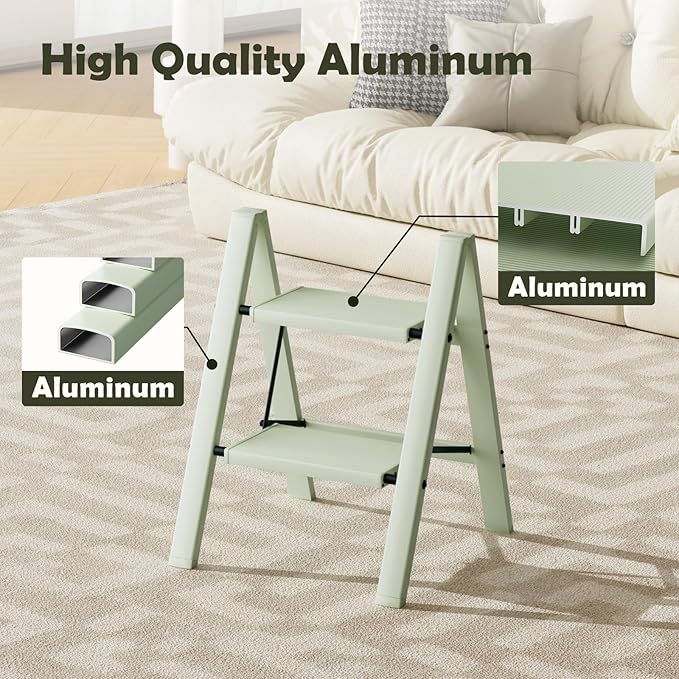 Taranta 2 Step Ladder,Aluminum Lightweight Folding 2 Step Stool with Anti-Slip Wide Pedal,330lbs Capacity Step Ladder for Household,Kitchen,Office - Fairyland Green