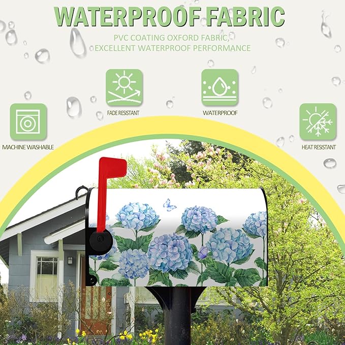 Hydrangea Flowers Magnetic Mailbox Cover Spring Summer Blue Floral Mailbox Covers Standard Size 18 x 21 Inch Outdoor Letter Post Box Wraps for Garden Yard Home Decor