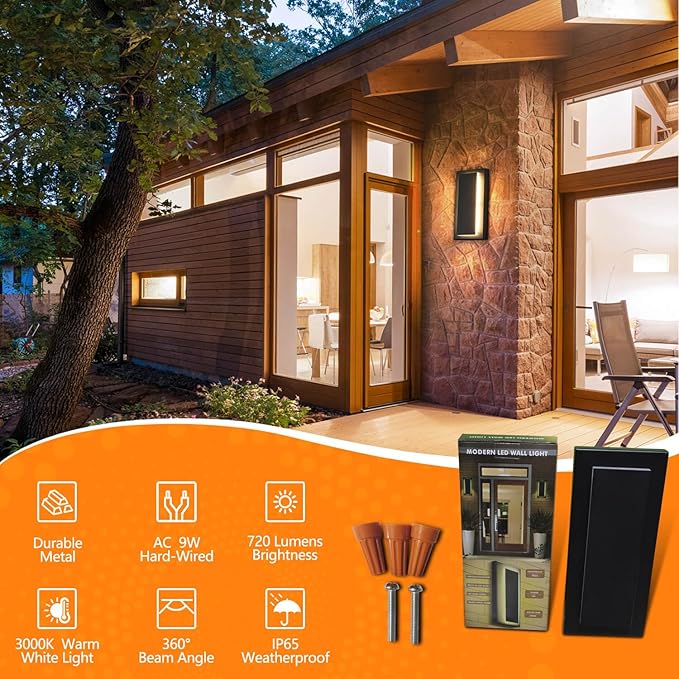 tewei Outdoor Wall Light Fixture & Indoor Wall Sconce Lighting 11.8''Mini Black Modern Rectangular Exterior Wall Sconce, 360° Beam Angle, 3000K Warm White Porch Light for Entrance, Hallway (1 Pack)