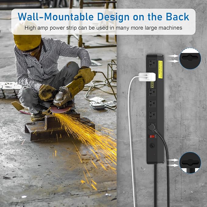 CCCEI Heavy Duty Power Strip Surge Protector 20 Amp, High Amp Industrial Shop Garage Metal Multiple Outlets, 15 FT 12 Gauge 5-15P Extension Cord 6 Outlet 6-20R T-Slot 20a for Appliance. Black.