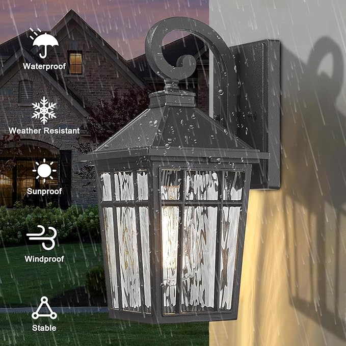 Darkaway Outdoor Wall Lights for House, Exterior Lighting Fixtures Wall Mount Outside Porch Lights Waterproof Black Outdoor Sconce Lights with Water Ripple Glass for Patio Garage Front Door
