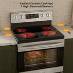 Empava 30" Electric Range,4.8 Cu.Ft Oven, Radiant Ceramic Cooktop, 4 Elements, Steam Clean, Freestanding & Slide-in Stove,Stainless Steel, 240V
