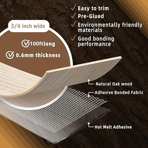 GSCIT Club Oak Edge Banding, 3/4 inch x 100ft roll of Veneer Edge Banding - Pre-glued Flexible, Real Wood Tape for Cabinet Repair & Furniture Restoration