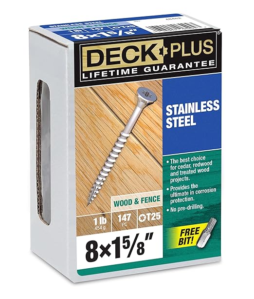 Deck Plus 1-5/8 Inch Epoxy Coated Exterior Wood and Fence Screws #8 x 1-5/8" Torx/Star Drive Included Coarse Thread, Outdoor Rust Resistant Decking Screw, Silver, 1lb Box, 1015 Pieces | 48462