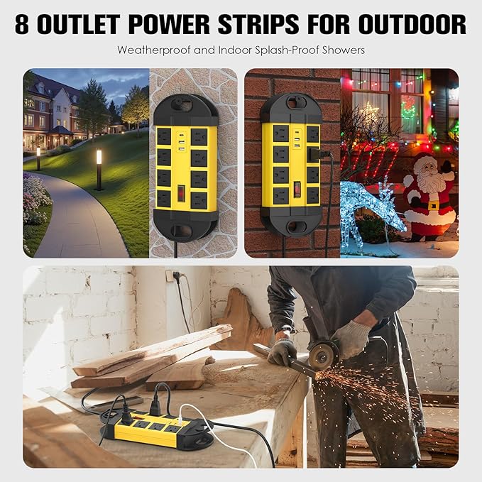 HHSOET Outdoor Weatherproof 8 Outlet Power Strip, IPX6 Waterproof Surge Protector, 2 USB-A 1 USB-C Ports, 6 FT Extension Cord for Outdoor Patio Garden Porch Garage