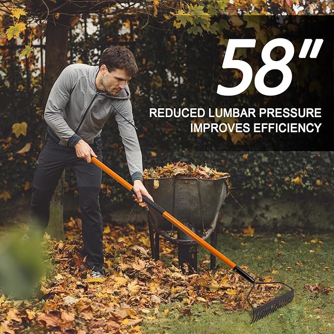 VNIMTI Garden Rake for Gardening, Heavy Duty Garden Rake for Lawns, 14 Tines Bow Rake with Fiberglass Handle, 58 Inches