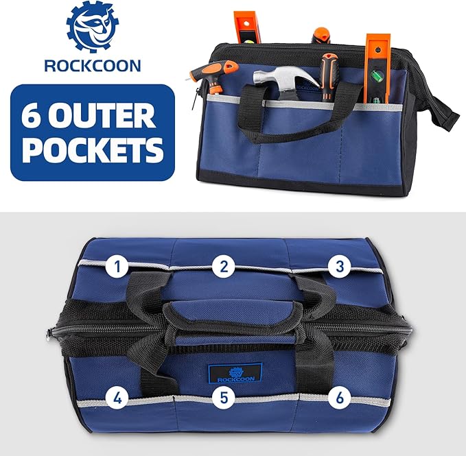 Tool Bag 13'', Wide Mouth Tool Organizer for Tool Storage, Heavy Duty and Water Proof, Blue & Black