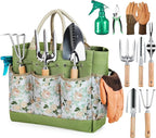 Gardening Tools 9-Piece Heavy Duty Garden Hand Tools with Fashion and Durable Garden Tools Organizer Handbag, Rust-Proof Garden Tool Set, Ideal Gardening Gifts for Women