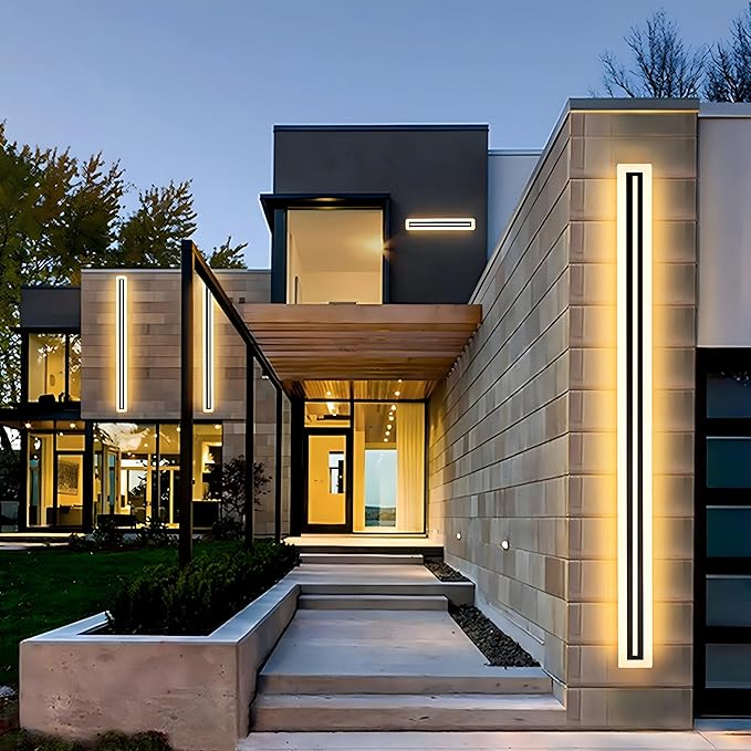 2 PACK-47.2inch Long Outdoor Modern LED Wall Light,Waterproof IP65 Warm White 110V led Wall Mount Lighting Fixture Rectangular Black Elegant Frosted White Acrylic Anti Rust.