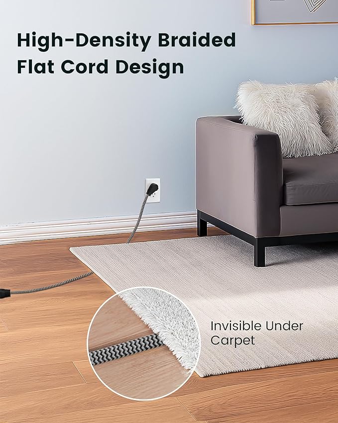 SURAIELEC 2 Pack Flat Extension Cord 3FT, 360° Rotating Plug, Braided Flat Plug with 3 Outlets, 16 AWG Thin Black Extension Cord for Indoor Use, Home, Office, Compact Spaces, ETL Listed