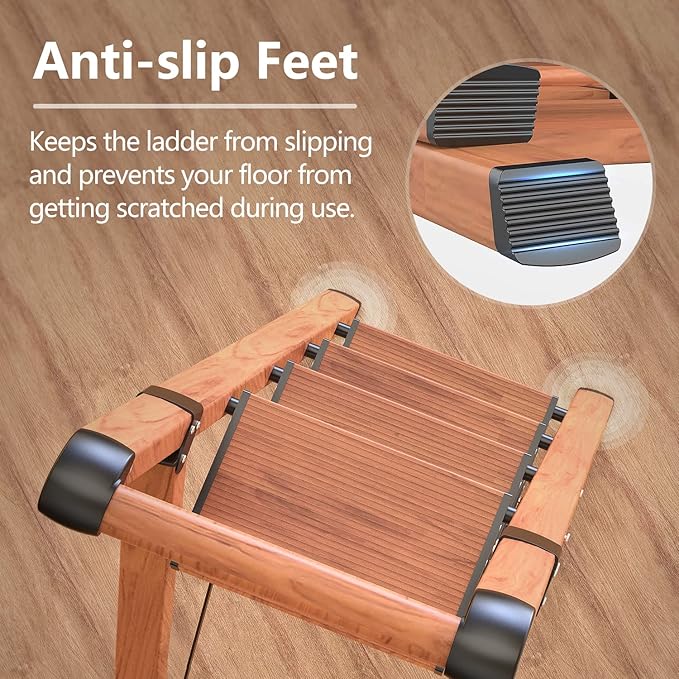 GameGem Folding Step Ladder, 4 Step Ladder with Anti-Slip and Wide Pedal, Lightweight Aluminum Step Stool with Handgrip, Space Saving Stepladder for Home and Kitchen, 300 lbs Capacity (Woodgrin