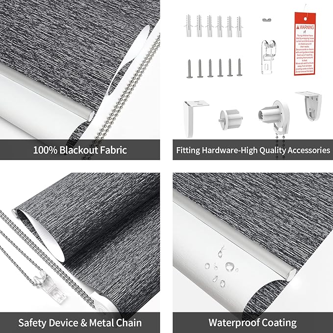 ALLBRIGHT 100% Blackout Roller Blinds Woven Shades with Striped Jacquard, Cordless Window Shades, UV Protection Fabric, Easy-Install for Indoor Home & Office, Dark Blue Old, 36" W x 72" H