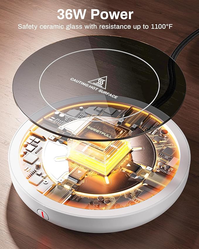 SWEETFULL Coffee Mug Warmer, 36W Electric Coffee Cup Warmer for Desk with 3-Temp Settings Advanced Temperature-Controlled Beverage Warmers Heating Plate for Coffee, Milk, Tea, Candle Wax - White