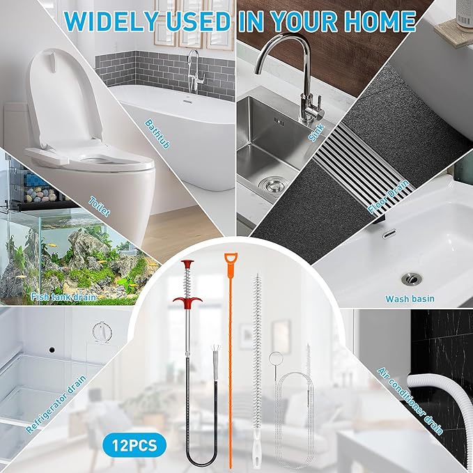 Drain Snake 12 Set: 25inch Snake Drain Hair Removal Tool(1PCS), 59inch Cleaning Brush(2PCs), 25inch Drain Clog Remover(6PCS), 18inch Sink Drain Brush(3PCS) For Bath Tub, Toilet, Kitchen Sink, Sewer