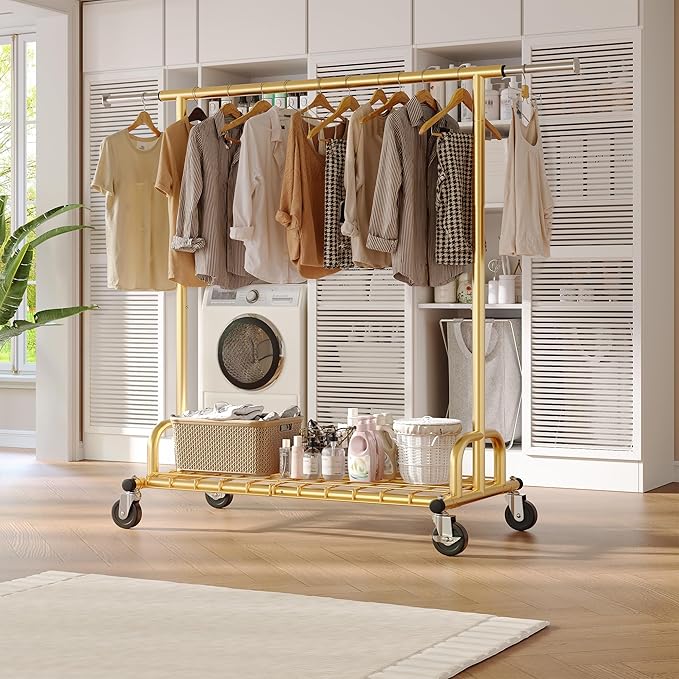 Raybee Heavy Duty Clothes Rack, Gold Clothing Racks for Hanging Heavy Clothes 200+, Rolling Clothing Rack Load 485 LBS, Extendable & Adjustable Portable Commercial Garment Rack with Wheels, Gold