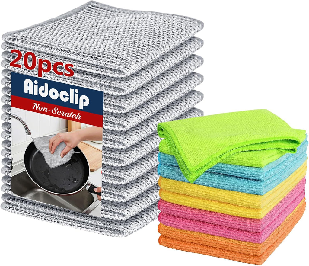Non Scratch Wire Dishcloth Dishwashing Rag Set 20PCS - Home Essentials Microfiber Cleaning Cloth Absorbent Cleaning Rags, Reusable Soft Kitchen Towels,Multipurpose Metal Dish Cloth