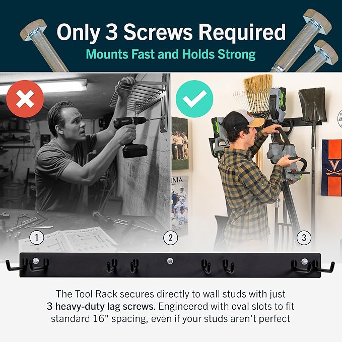 StoreYourBoard Wall-Mounted Rack With 4 Garage Hooks – Heavy-Duty Steel Holder Garage & Garden Storage for Shed, Workshop, or Home Organization – For Rakes, Shovels, Tools & More – 1 Pack, Black